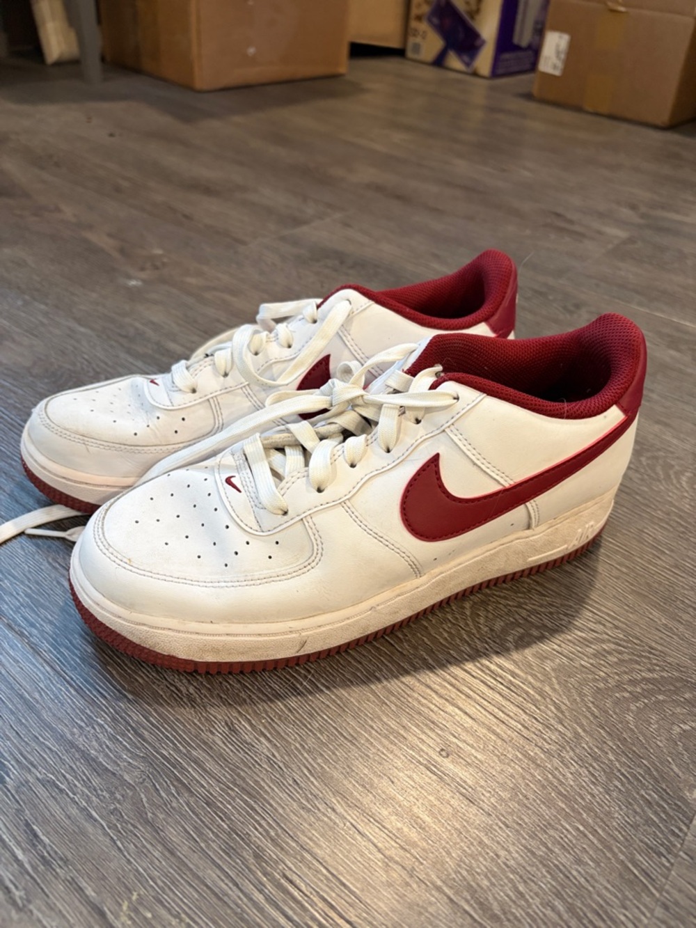 Nike White AF1 low maroon and white